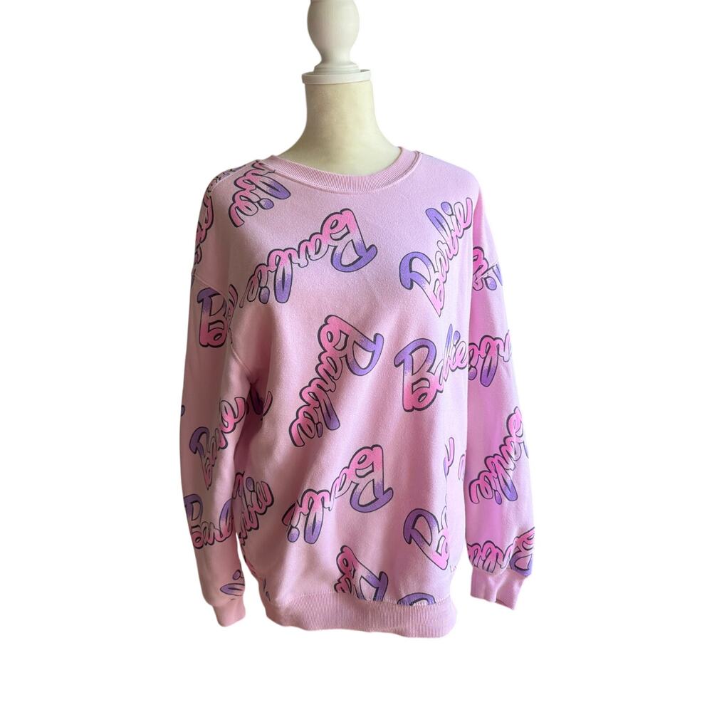 Barbie All Over Print Sweatshirt Pink Purple Ombre Logo Crewneck Pullover Size M